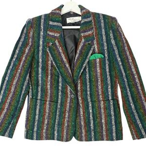 Vintage Lilli Ann Blazer Colorful Striped Tweed Wool Jacket Medium 80s Statement
